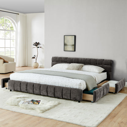 King Size Upholstered Bed ,comfortable Upholstered Bed Frame, Chenille Fabric, With Headboard And Solid Bed Frame. With Drawer For Storage.-Dark Gray 88.5x85.5x31