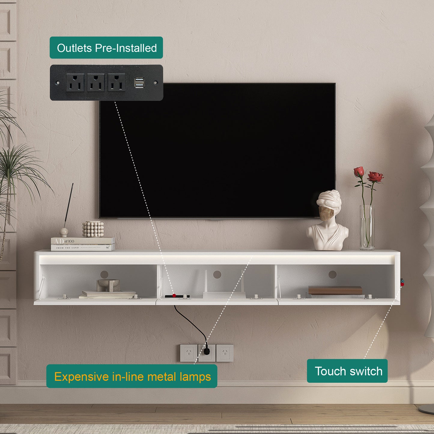 Floating TV Stand, Wall Mounted TV Shelf With Led Lights & Power Outlet,High Gloss TV Cabinet For White Tv Stands For Living Room