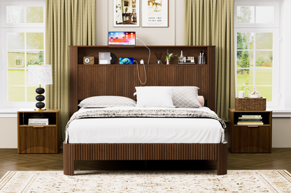 Queen Size Bed Frame With Storage Headboard, Built-in Charging Station, Wavy Curved Lines Design, Silent Operation, Metal Support, Walnut