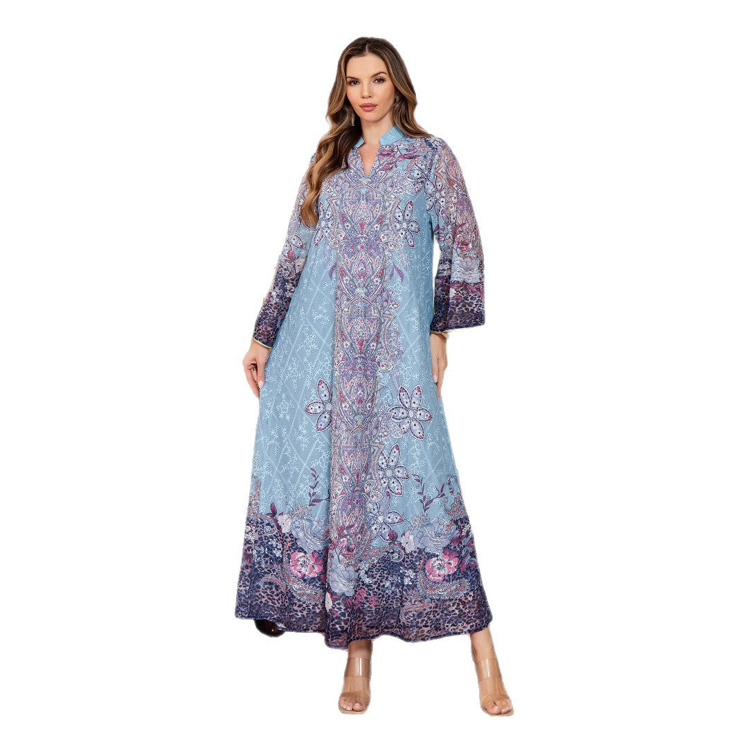 Printed Middle Eastern Dress Muslim Women's Fashion Dubai Long Dress Abaya Embroidered Robe