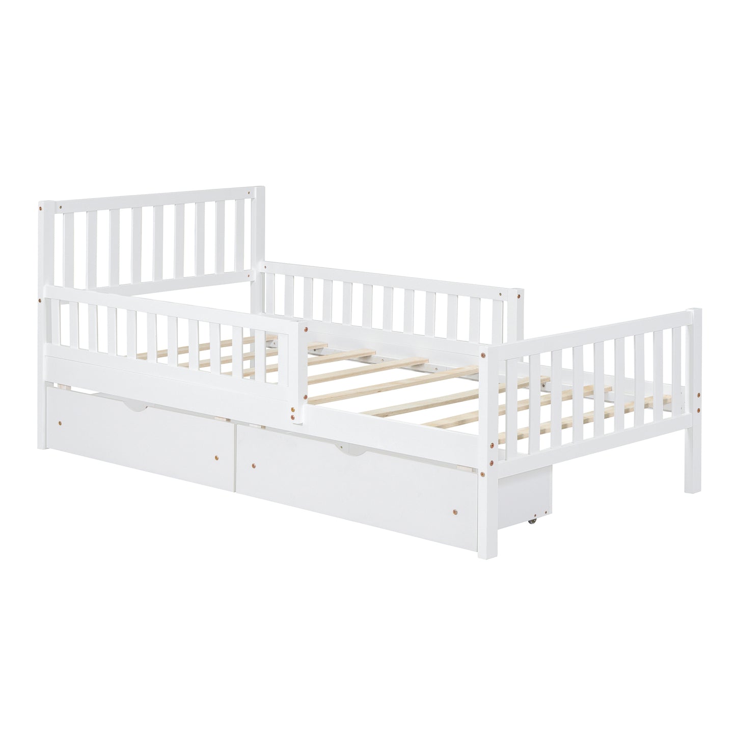 Twin Size Wood Platform Bed With Guardrails On Both Sides And Two Storage Drawers ,White
