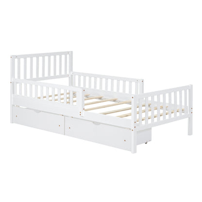 Twin Size Wood Platform Bed With Guardrails On Both Sides And Two Storage Drawers ,White