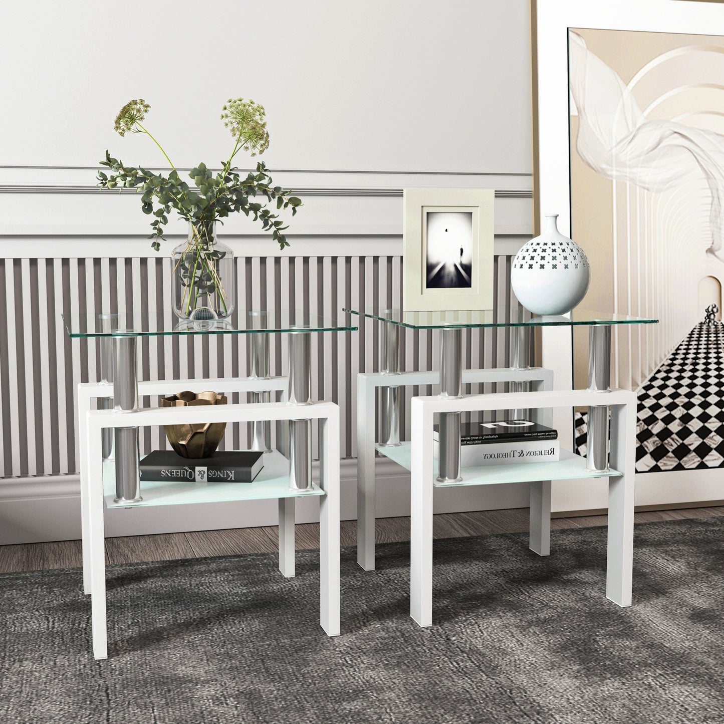 2-Pc Modern Tempered Glass Coffee Tea End Tables For Living Room