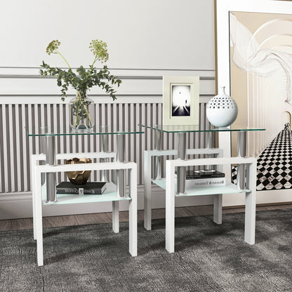 2-Pc Modern Tempered Glass Coffee Tea End Tables For Living Room