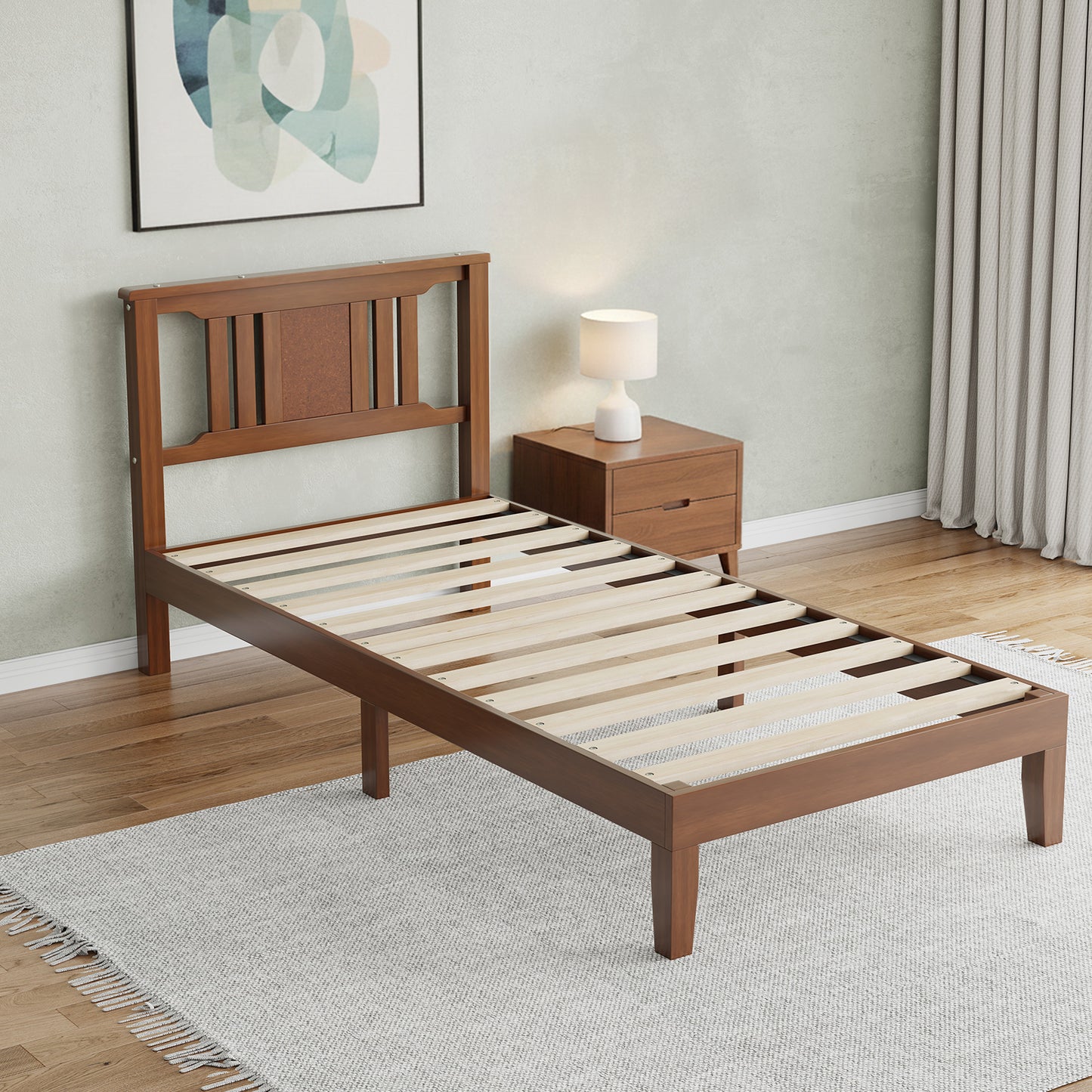 Solid Wooden Bed Frame With Headboard, Sturdy Wooden Crossbars For Support, Heavy Pine Bedroom Bed Frame