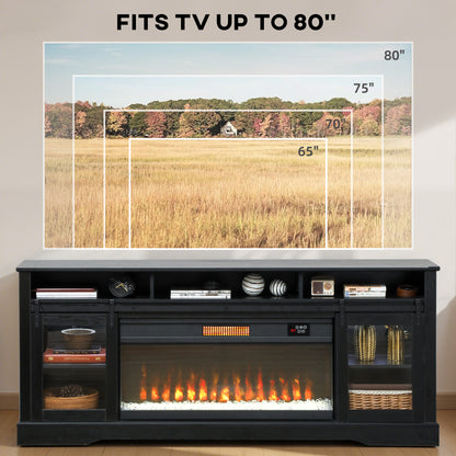 Fireplace TV Stand for TVs Up to 80 Inch, TV Console with Electric Fireplace, Open Storage and Side Cabinets, Black