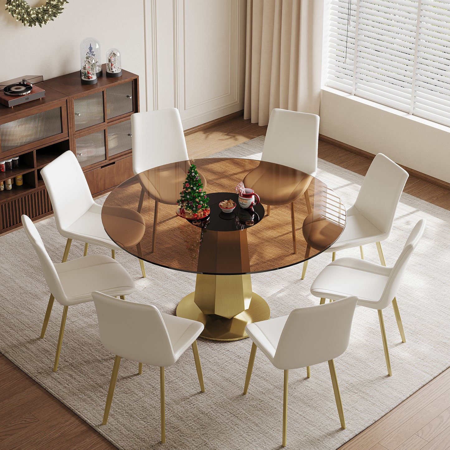 53 Inch Luxury Round Dining Table With Smoked Glass Top  Modern Kitchen Table For 4-8 People  Gold Stainless Steel Base & Easy Assembly  Space Saving Breakfast Table For Apartments