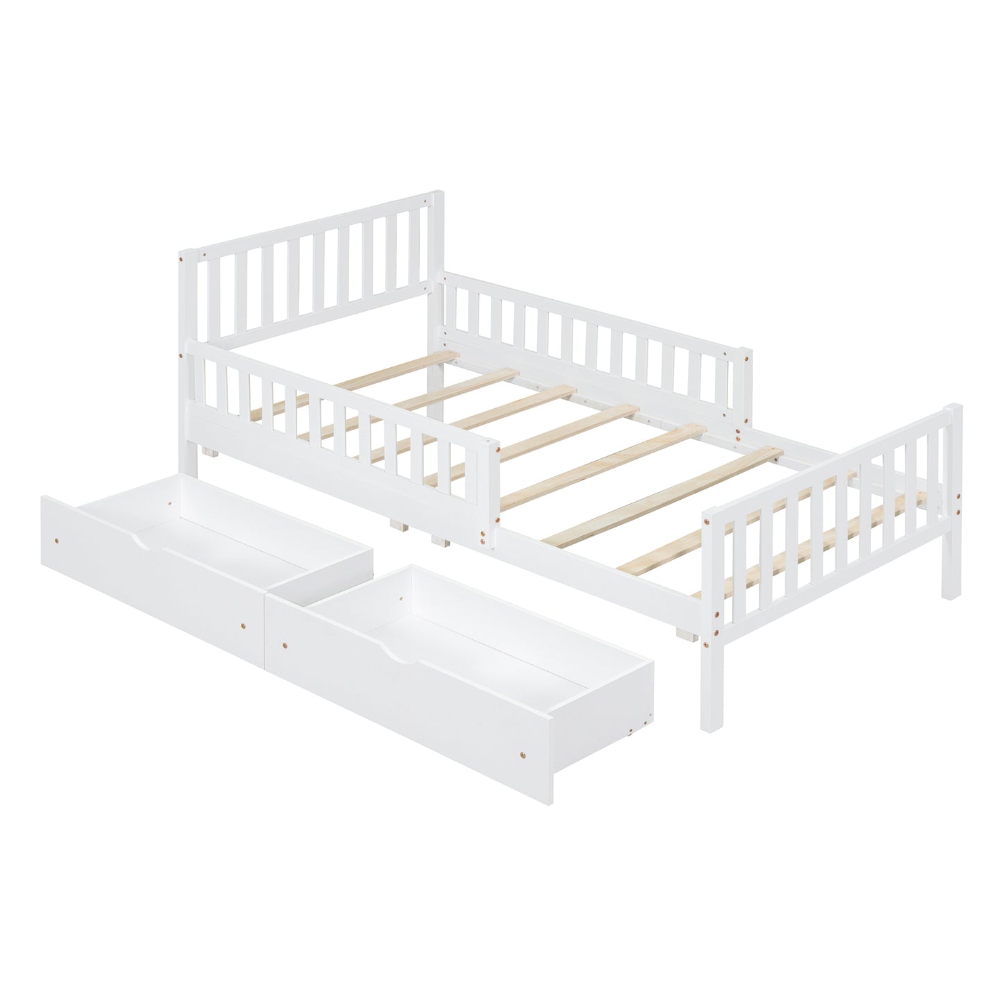 Twin Size Wood Platform Bed With Guardrails On Both Sides And Two Storage Drawers ,White