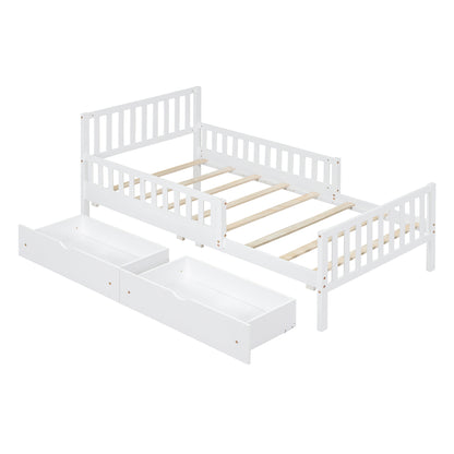 Twin Size Wood Platform Bed With Guardrails On Both Sides And Two Storage Drawers ,White