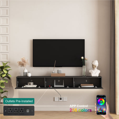 Floating TV Stand Wall Mounted With 16 Color LEDs,Modern TV Stand, Floating TV Cabinet Entertainment Center For 55 60 65 Inch TV,Black