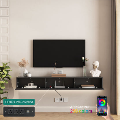 Floating TV Stand Wall Mounted With 16 Color LEDs,Modern TV Stand, Floating TV Cabinet Entertainment Center For 55 60 65 Inch TV,Black