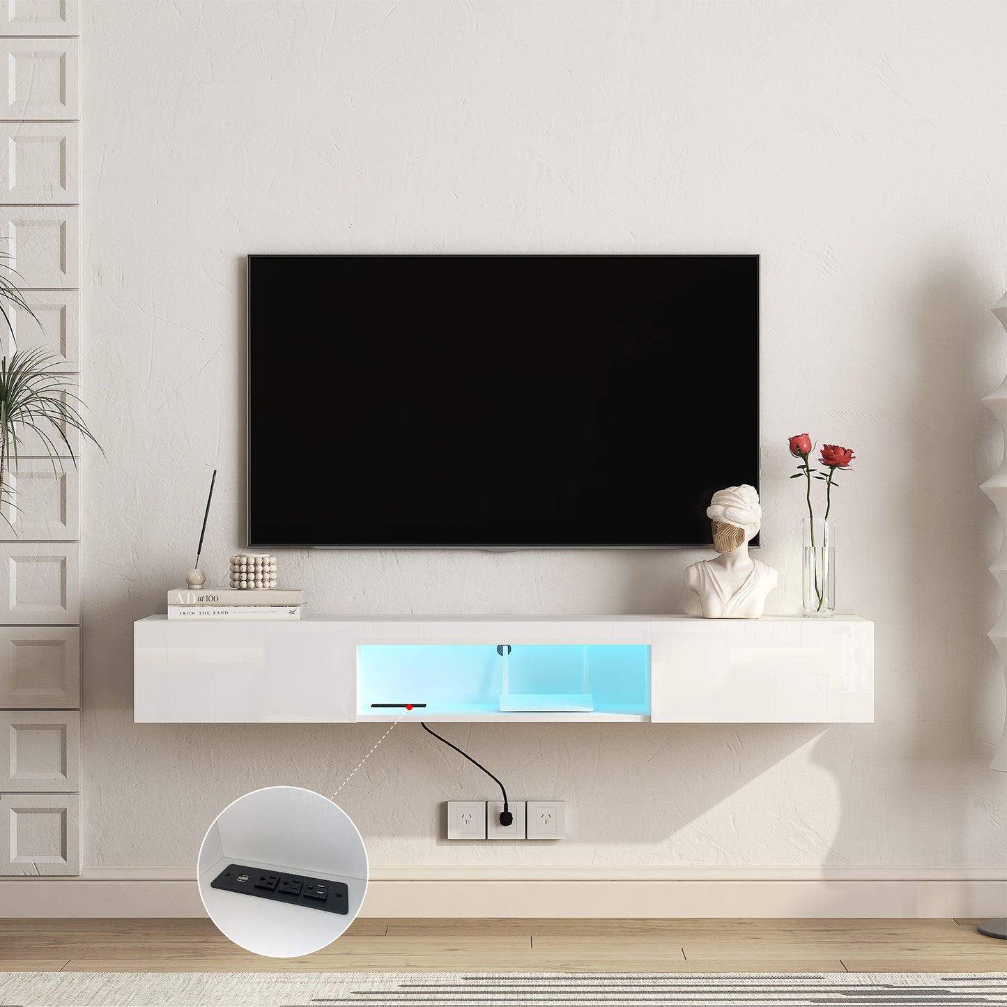 Floating TV Stand Wall Mounted With 16 Color LEDs, Modern TV Stand,Floating TV Cabinet Entertainment Center For 55 60 65 Inch TV,White