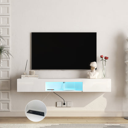 Floating TV Stand Wall Mounted With 16 Color LEDs, Modern TV Stand,Floating TV Cabinet Entertainment Center For 55 60 65 Inch TV,White