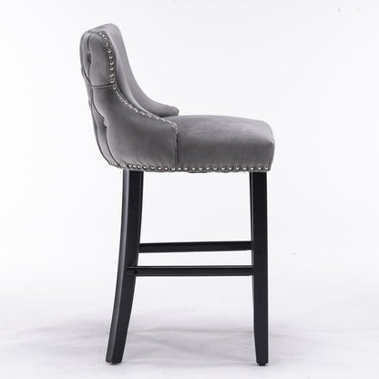 AA Furniture,Contemporary Velvet Upholstered Wing-Back Barstools With Button Tufted Decoration And Wooden Legs, And Chrome Nailhead Trim, Leisure Style Bar Chairs,Bar Stools, Set Of 2 Gray,SW1824GY