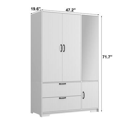 4 Doors Wardrobe Closet With Mirror, LED Wardrobe With Doors And 2 Drawers, Wooden Wardrobe Storage Cabinet With Hanging Rod, Adjustable Shelves, White