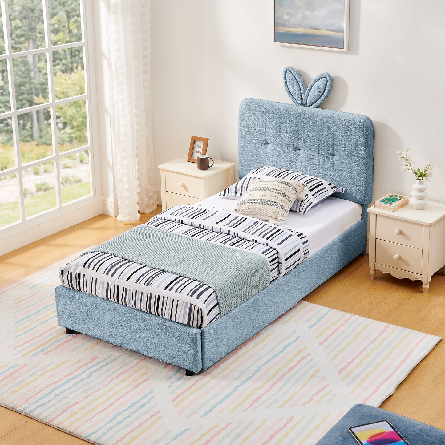 Twin Size Kids Upholstered Bed With Oversized Rabbit Ear Headboard, LED Light & 4 Storage Drawers, Boucle Fabric 79.5X40.75X41