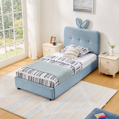 Twin Size Kids Upholstered Bed With Oversized Rabbit Ear Headboard, LED Light & 4 Storage Drawers, Boucle Fabric 79.5X40.75X41