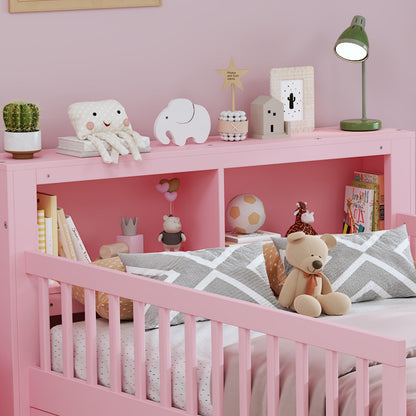 Twin Size Bed With Headboard Storage Rack, Two Under-Bed Drawers, Three-Side Guardrails For Safety And Security,Pink