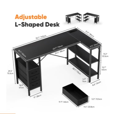 L-shaped Computer Gaming Table With Monitor Stand, 3 Drawers, USB Interface, Power Socket, Corner Workstation