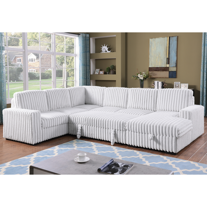 122 Inch Pull Out Couch, Rabbit Plush Fabric Sofa Bed & Comfy Upholstered, Oversized U Shape Sectional Sleeper Sofa Bed With Storage Chaise,GRAYISH WHITE