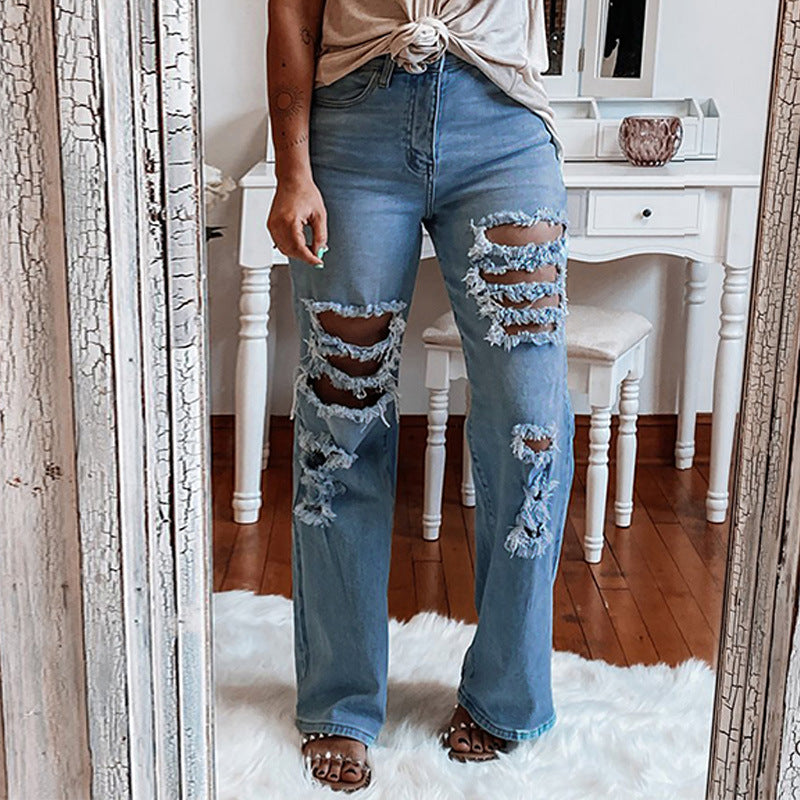 Ladies Trousers Washed And Worn Straight-leg Distressed Jeans