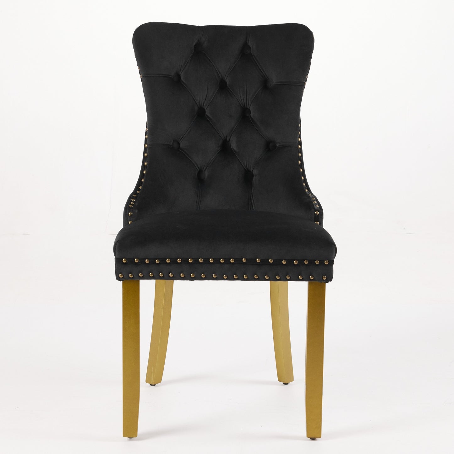 Mid-Century Modern Chairs With Lion Head Pull Ring,High-end Tufted Solid Wood Contemporary Velvet Upholstered Dining Chair With Golden Wooden Legs Nailhead Trim 2-Pcs Set,Black,SW1201BK