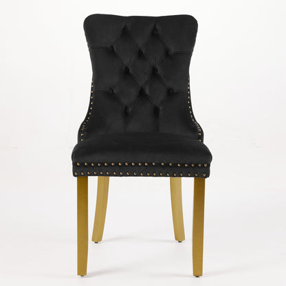 Mid-Century Modern Chairs With Lion Head Pull Ring,High-end Tufted Solid Wood Contemporary Velvet Upholstered Dining Chair With Golden Wooden Legs Nailhead Trim 2-Pcs Set,Black,SW1201BK