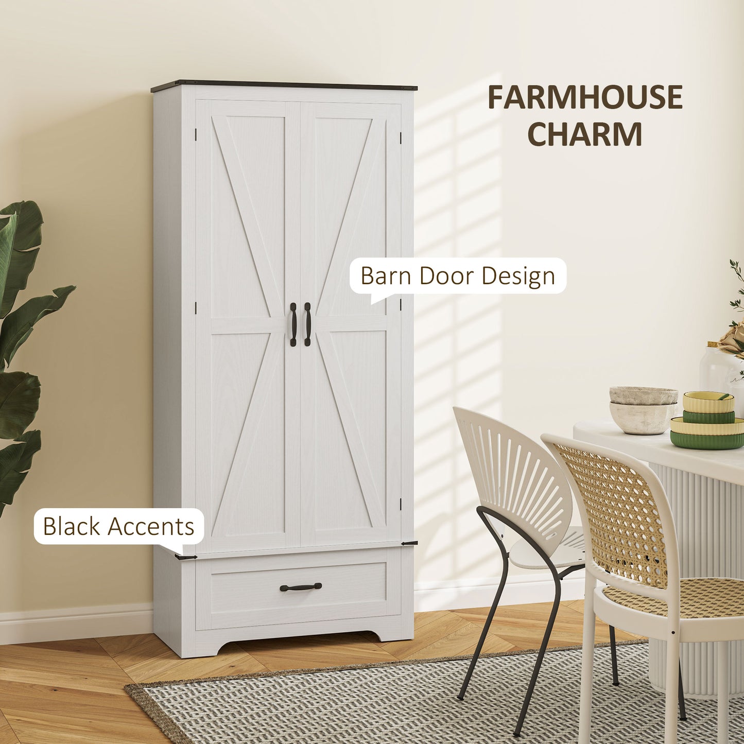 72" Farmhouse Pantry Cabinet with Adjustable Shelves, Kitchen Pantry Cabinet with 2 Doors, Distressed White