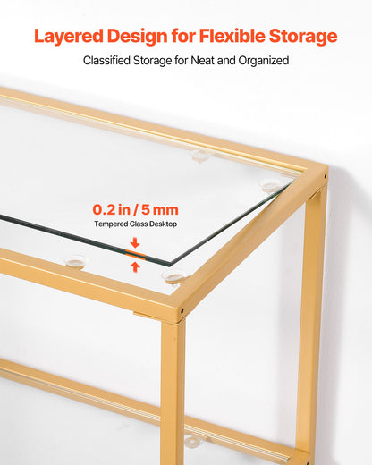 3-Tier Glass Console Table, Modern Rectangle Sofa Side Table With Tempered Glass Top And Iron Legs, Golden Consloe Desk With Anti-Tip Device For Living Room, Hallway, Entryway, Foyer, Golden