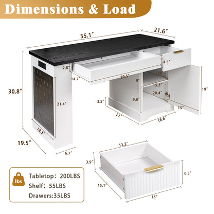 55 Modern Fluted Office Desk With Storage Cabinet  Drawers, Computer Writing Desk With Power Outlet, Pegboard, Built-in Shelves And Keyboard Tray For Study, Living Room, Home Office, White