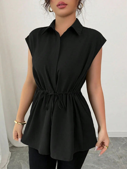 Drawstring Waist Cap Sleeve Shirt