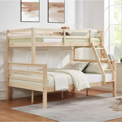 Twin Over Full Bunk Bed With Thick Posts,Wooden Bunk Bed With High Guardrail And Ladder For Kids, Teens, Dorm Rooms, And Guest Rooms,No Box Spring Needed,Natural
