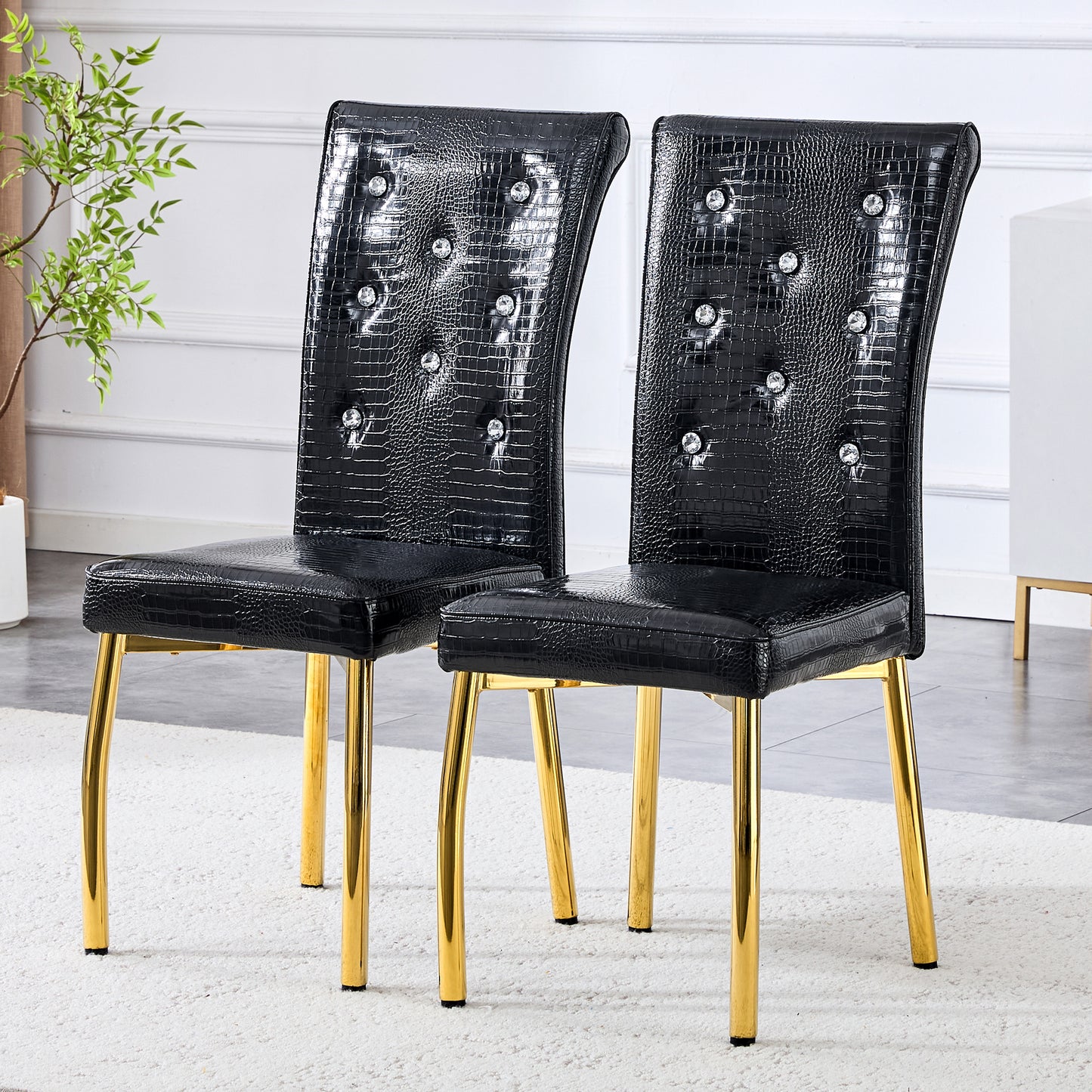 Set Of 2,Retro Alligator Skin Upholstered Dining Chairs,with Crystal Buckle Design And Faux Leather Design,a Touch Of Elegance And Mystery To The Dining Area.Gold Plated Metal Feet