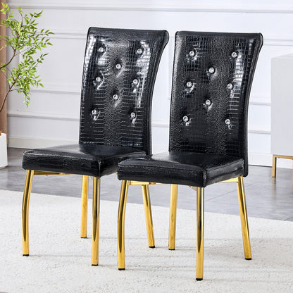 Set Of 2,Retro Alligator Skin Upholstered Dining Chairs,with Crystal Buckle Design And Faux Leather Design,a Touch Of Elegance And Mystery To The Dining Area.Gold Plated Metal Feet