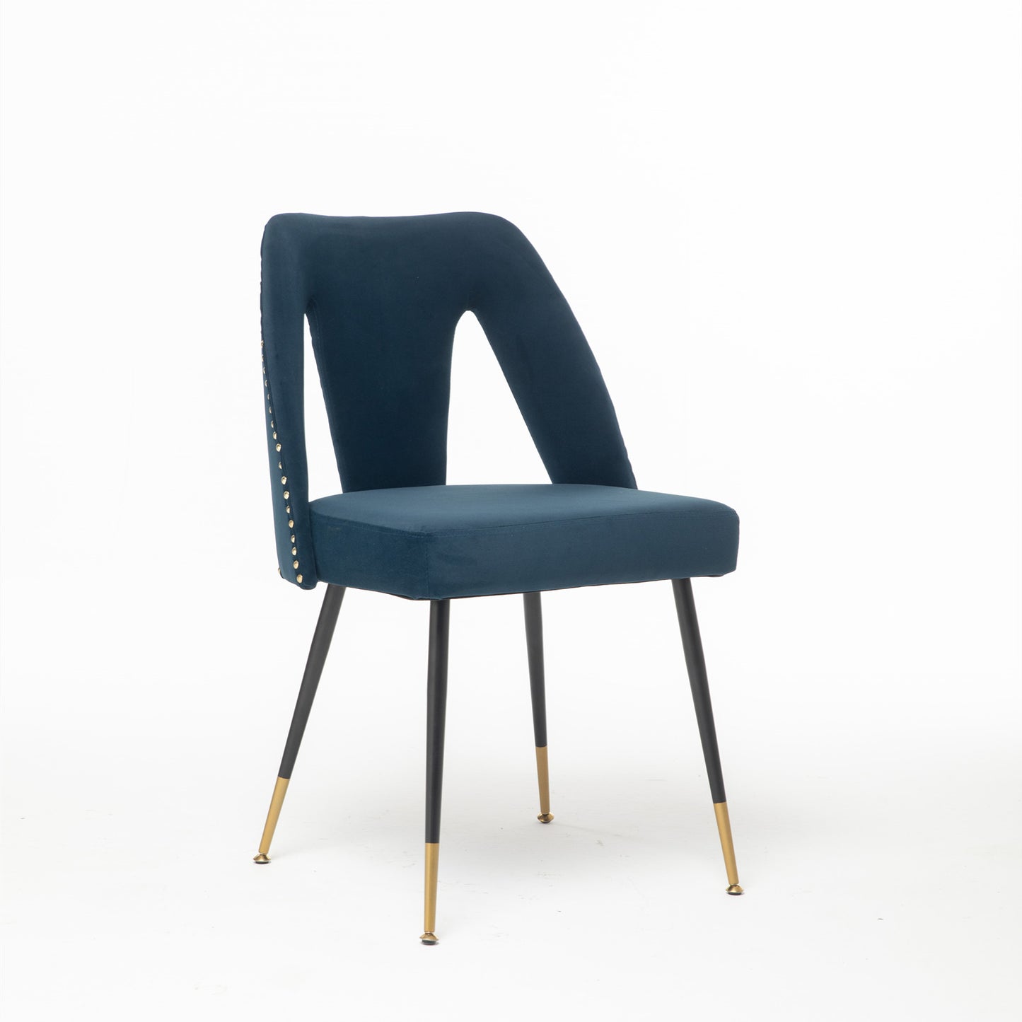 A&A Furniture,Akoya Collection Modern  Contemporary Velvet Upholstered Dining Chair With Nailheads And Gold Tipped Black Metal Legs,Blue,Set Of 2