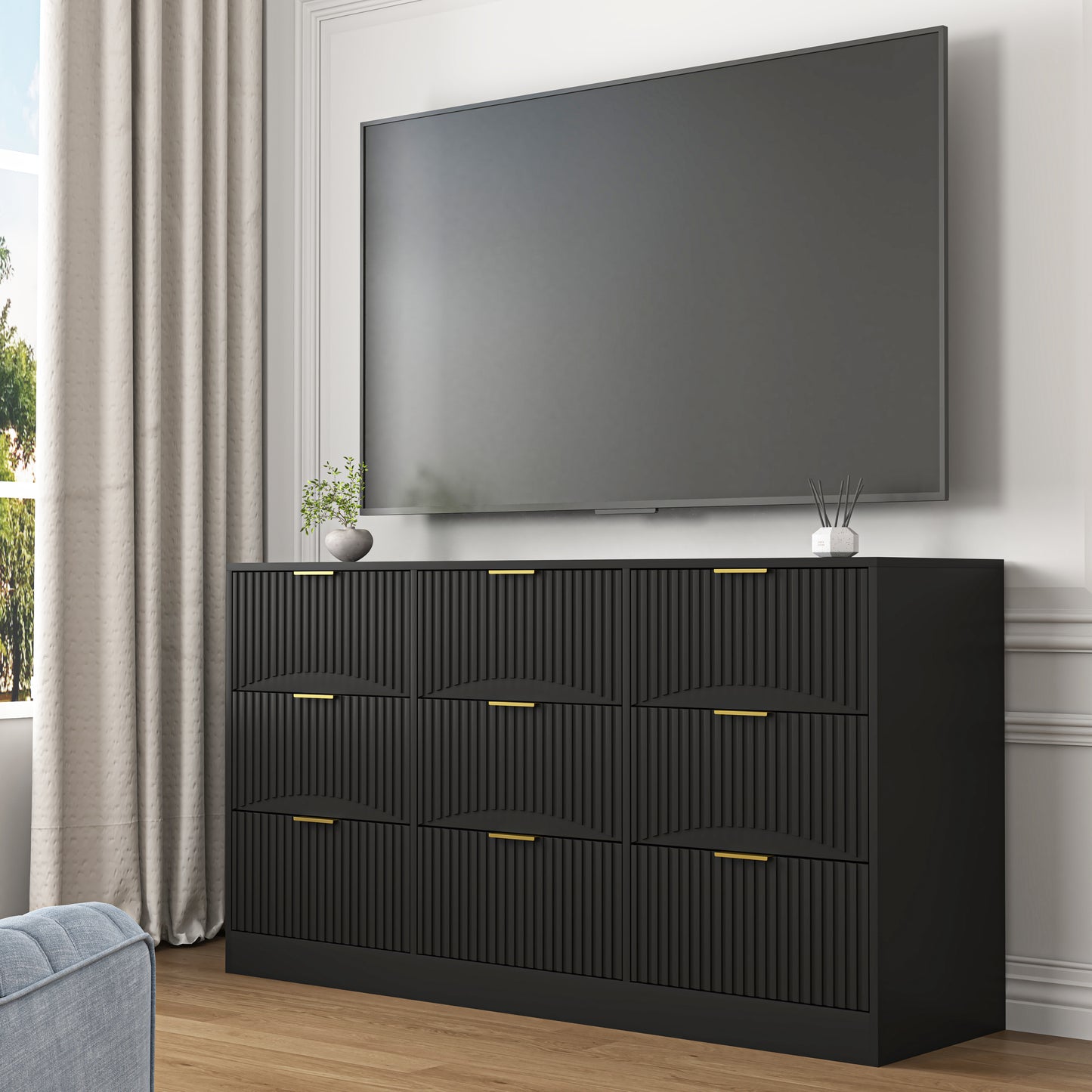 Black 9 Drawer Dresser, 63 Large Deep Chest Of Drawers, Wooden Dresser Storage Cabinet With 9 Drawers For Bedroom, Long Dressers For Living Room, Hallway, Drawer Panel With Wavy Patterns