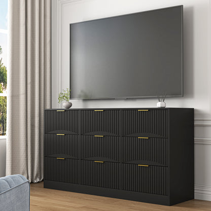 Black 9 Drawer Dresser, 63 Large Deep Chest Of Drawers, Wooden Dresser Storage Cabinet With 9 Drawers For Bedroom, Long Dressers For Living Room, Hallway, Drawer Panel With Wavy Patterns