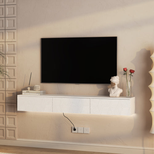Floating TV Stand Wall Mounted With 16 Color LEDs,Modern TV Stand, Floating TV Cabinet Entertainment Center For 55 60 65 Inch TV,White