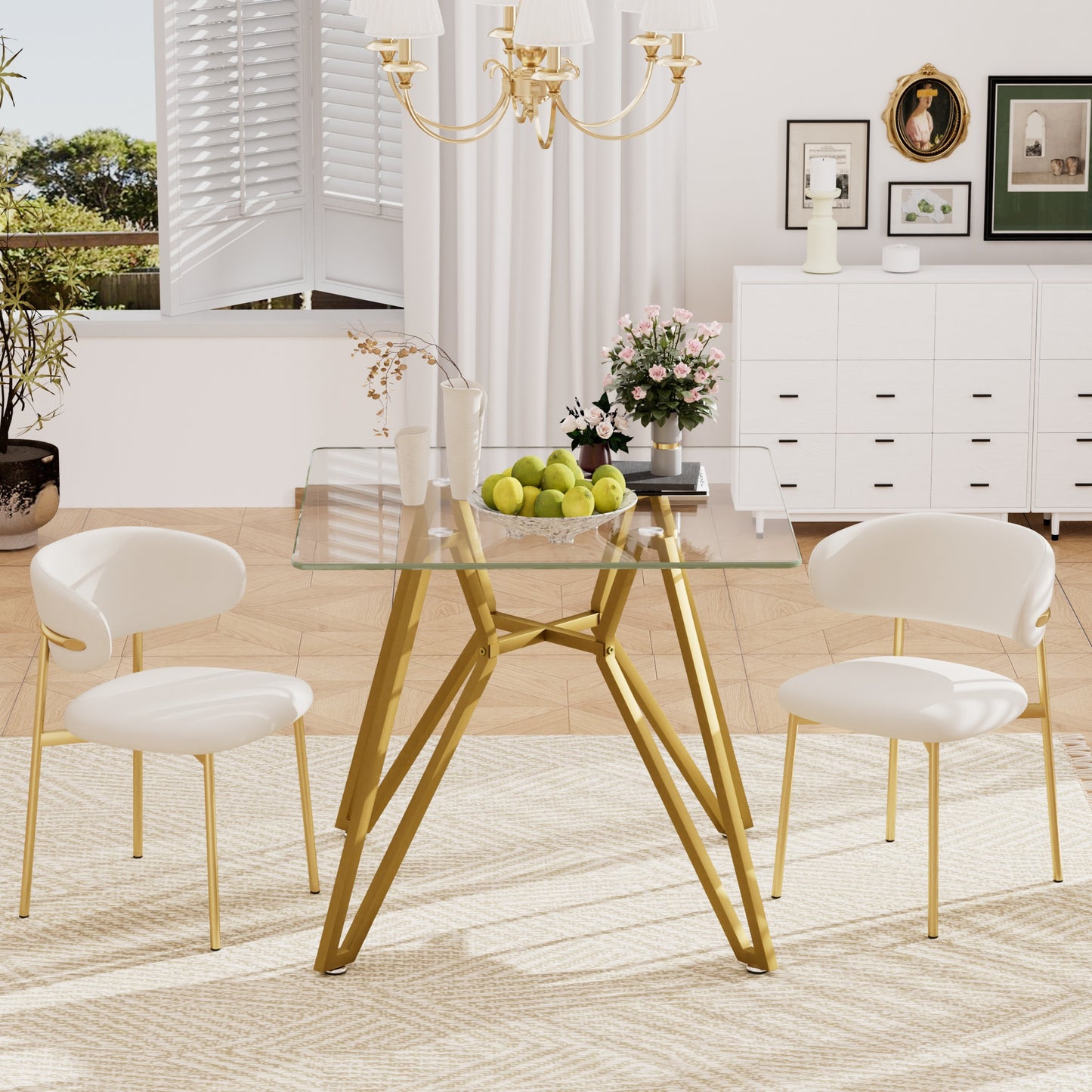 35.4-inch Square Tempered Glass Dining Table, Suitable For 2-4 People, Space-saving Small Kitchen Dining Table, Equipped With Sturdy Metal Table Legs,suitable For Dining Room, Living Room,Gold