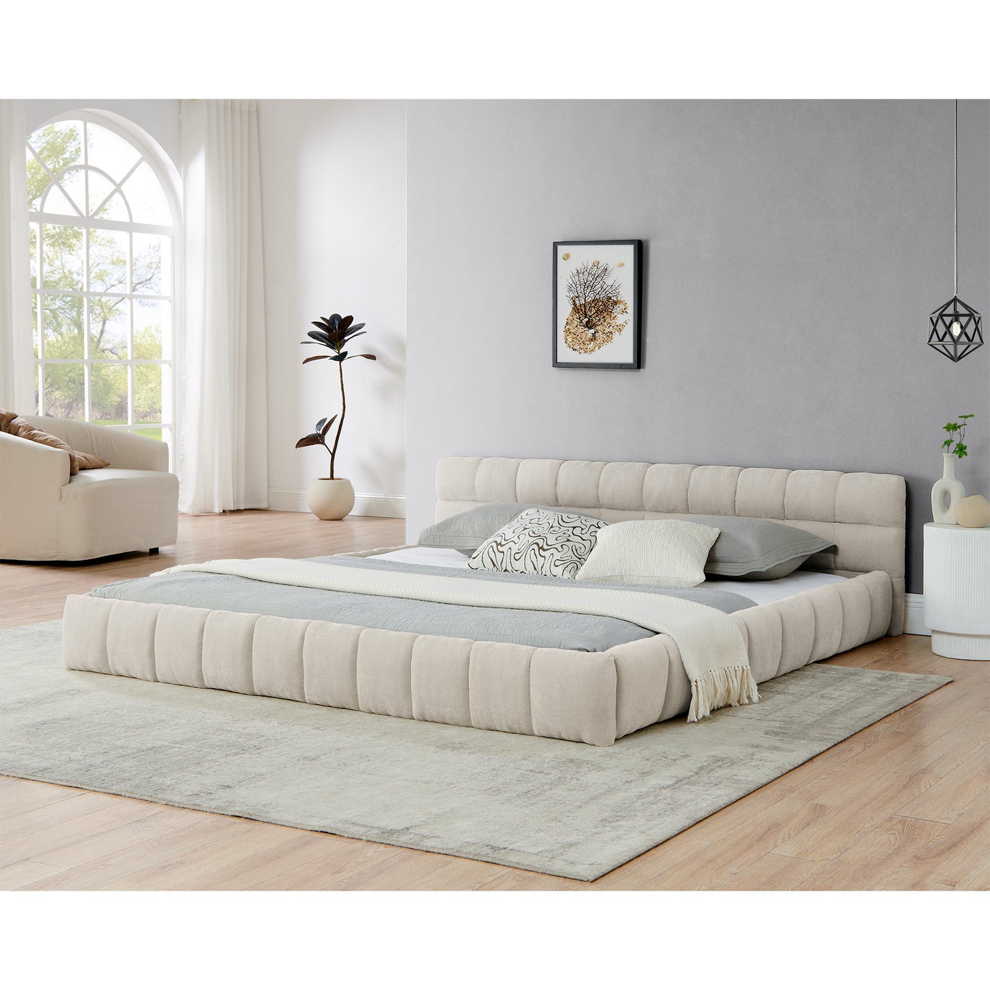 King Size  Upholstered Bed Frame With Thick Fabric, Chenille Fabric Grounded Queen Size Platform Bed With Headboard And Solid Frame. No Box Spring Needed-Beige 88.5x85.5x24