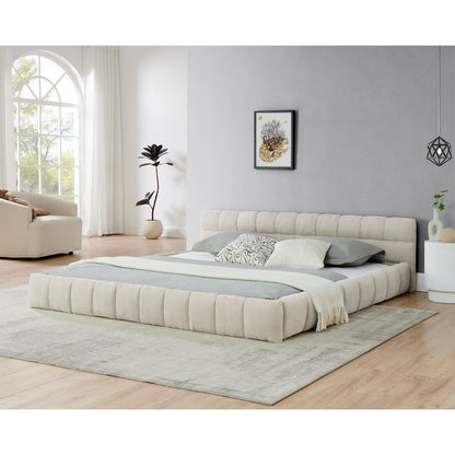 King Size  Upholstered Bed Frame With Thick Fabric, Chenille Fabric Grounded Queen Size Platform Bed With Headboard And Solid Frame. No Box Spring Needed-Beige 88.5x85.5x24