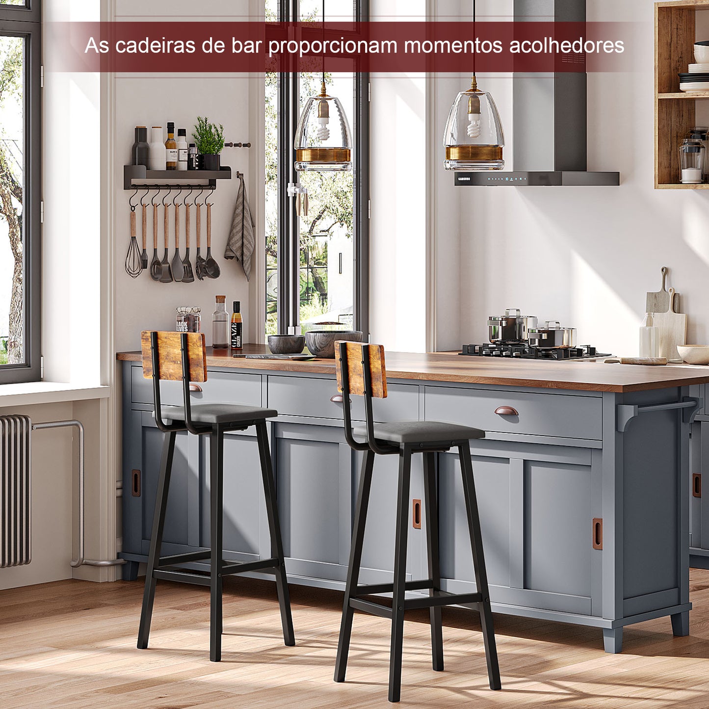 2 Bar Stools, Bar Height Stools, 29.1 Inches Tall Barstools With Back, Counter Bar Chairs For Kitchen Island, Steel Frame, Industrial Style, Easy Assembly, Rustic Brown And Ink Black