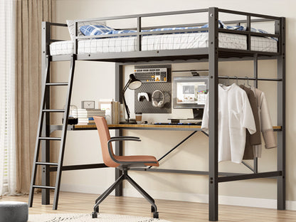 Twin Metal Loft Bed With L-Shaped Desk, Charging Station Loft Bed Frame Twin Size, Safety Guard & Ladder, No Box Spring Needed, Black