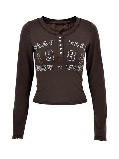 Letter Graphic Button Detail Long Sleeve T-Shirt