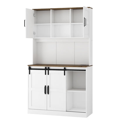 Farmhouse Bar Cabinet With Sliding Barn Door, Large Kitchen BuffetRustic Coffee Bar Sideboard Table,White
