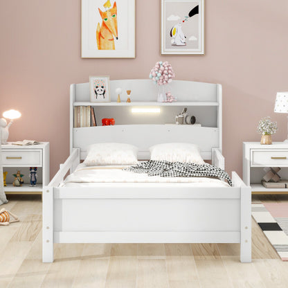 Wood Twin Size Platform Bed With Built-in LED Light, Storage Headboard And Guardrail, White