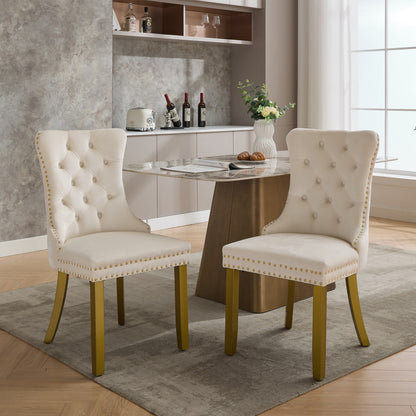 A&A Furniture, Nikki  Modern, High-end Tufted Solid Wood Contemporary Velvet Upholstered Dining Chair With Golden Wood Legs Nailhead Trim 2-Pcs Set, Milky White
