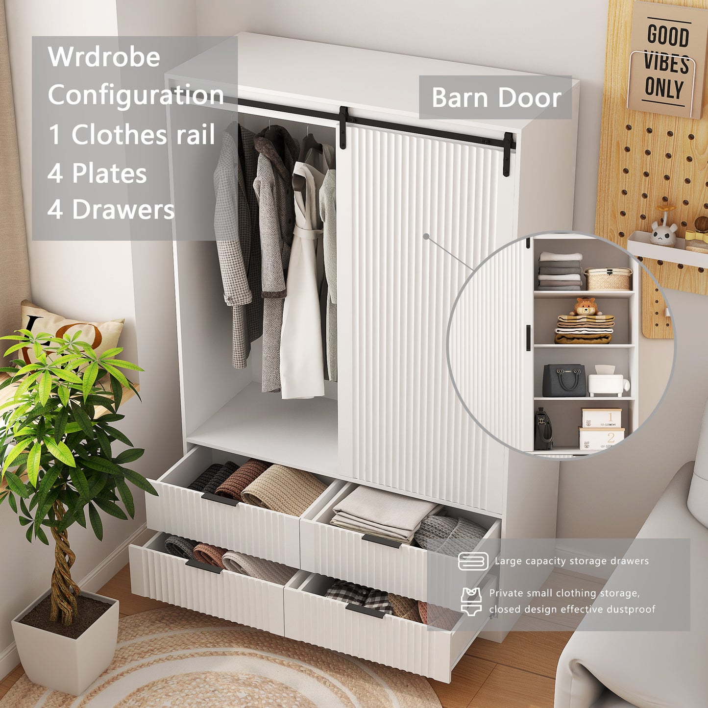 Tall Bedroom Armoire Wardrobe Closet Clothing Storage Cabinet With Hanging Rod Barn Door Drawers Open Shelves,White