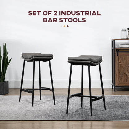 Breakfast Bar Stools Set Of 2, Microfibre Upholstered Barstools, Industrial Bar Chairs With Curved Seat And Steel Frame For Dining Room, Kitchen, Grey