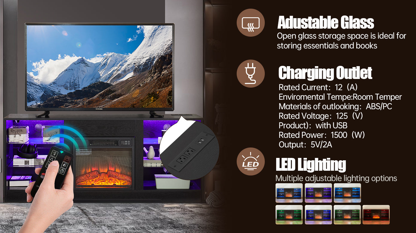 TV Stand Electric Fireplace TV Stand With Glass Shelves, 3D Fireplace TV Stand With LED Lights Wood With USB Charging Outlet Modern Television Table Center For TV Up To 32-62 Black 58Wx15.4Dx24.4